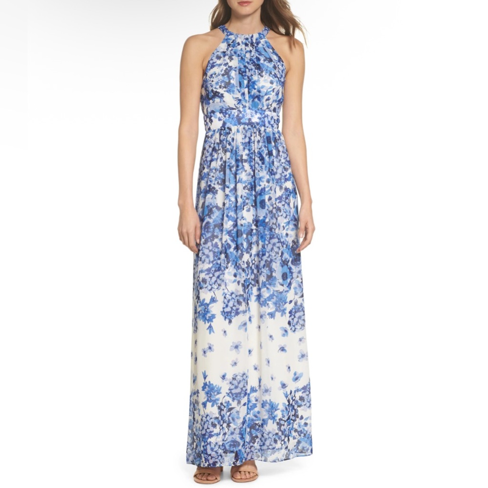 Eliza J Blue & White Floral Halter Neck Maxi Dress Wedding Party Spring Size 14